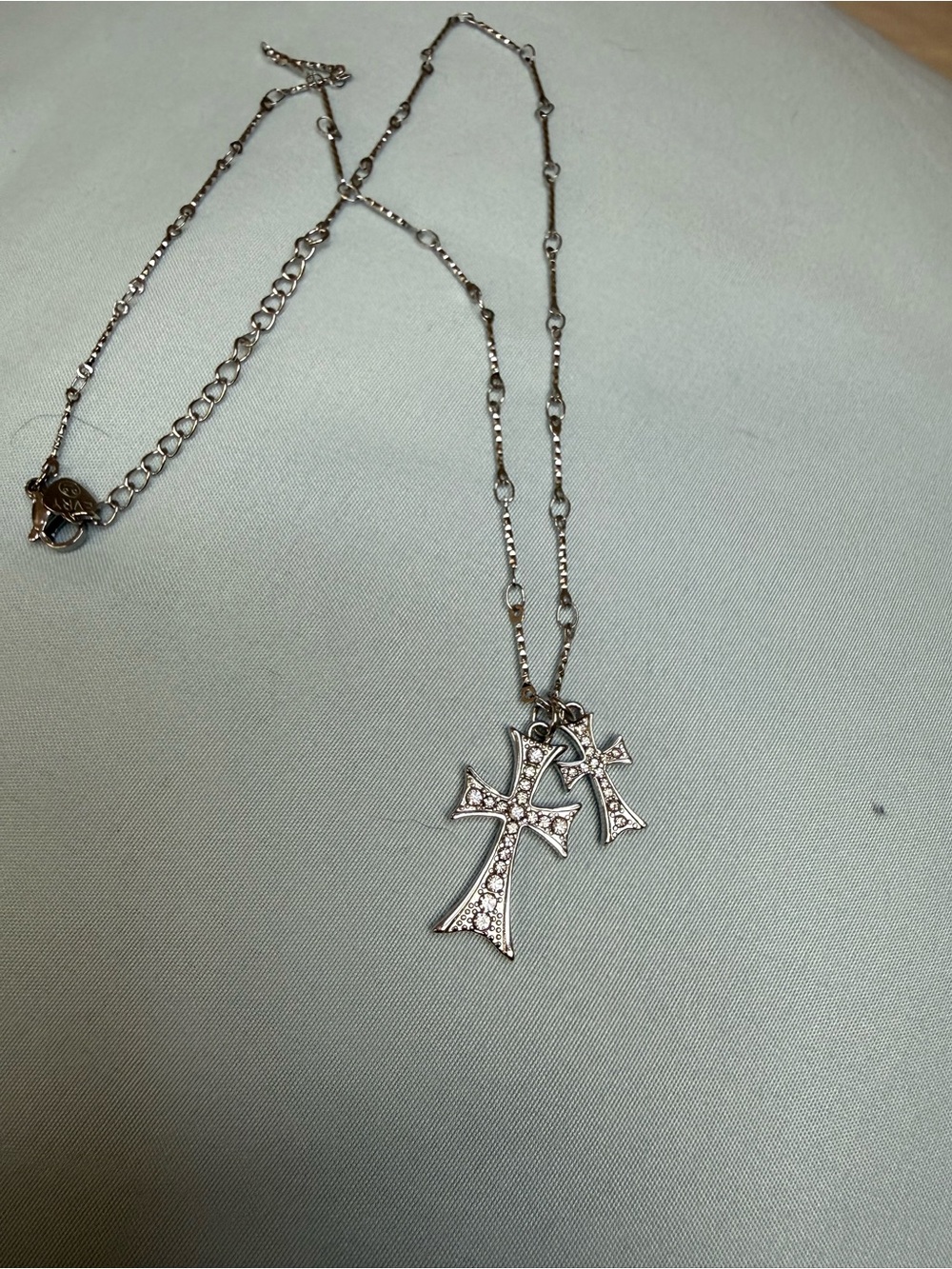 envy Silver Double Cross Pendant Necklace with Clear Stones